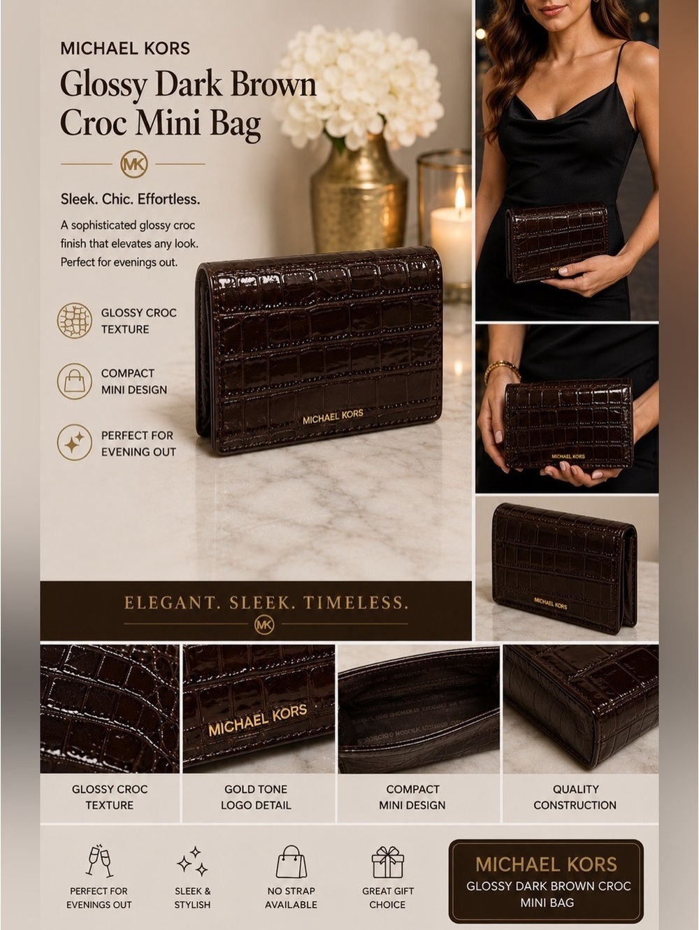 Michael Kors‎ Glossy Black Croc Mini Bag